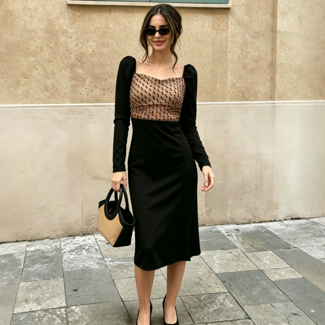 Damen Figurbetontes Midikleid mit Puffärmeln und transparentem Tupfen-Organza-Rückenteil Drune