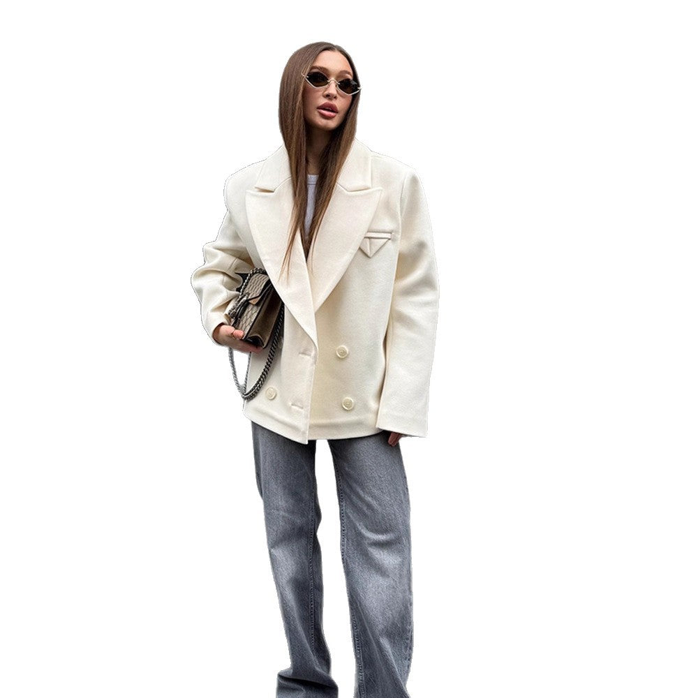 Damen Oversize Doppelreihiger Kurzblazer im Cocoon-Schnitt aus Wollmix Drune