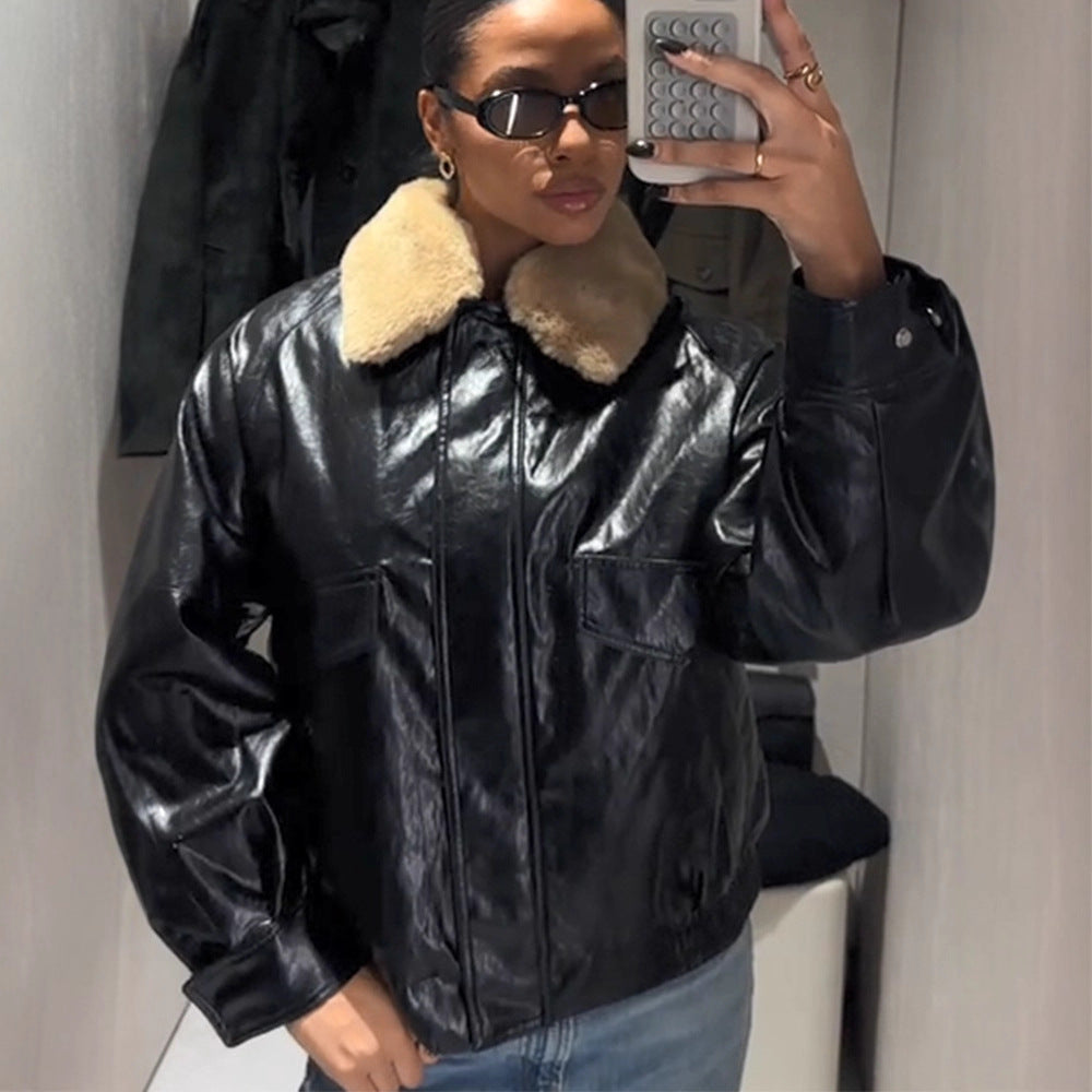 Damen Glänzende Oversize Lederimitat-Bomberjacke mit voluminösem Kunstfellkragen Drune