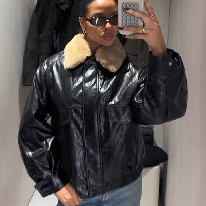 Damen Glänzende Oversize Lederimitat-Bomberjacke mit voluminösem Kunstfellkragen Drune
