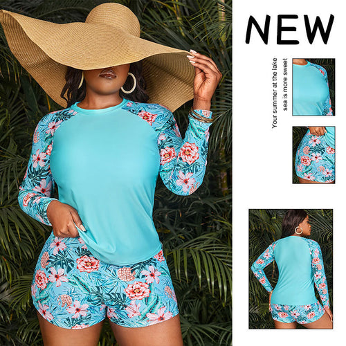 Damen Langarm-Badeoberteil mit floralem Muster und Shorts Drune