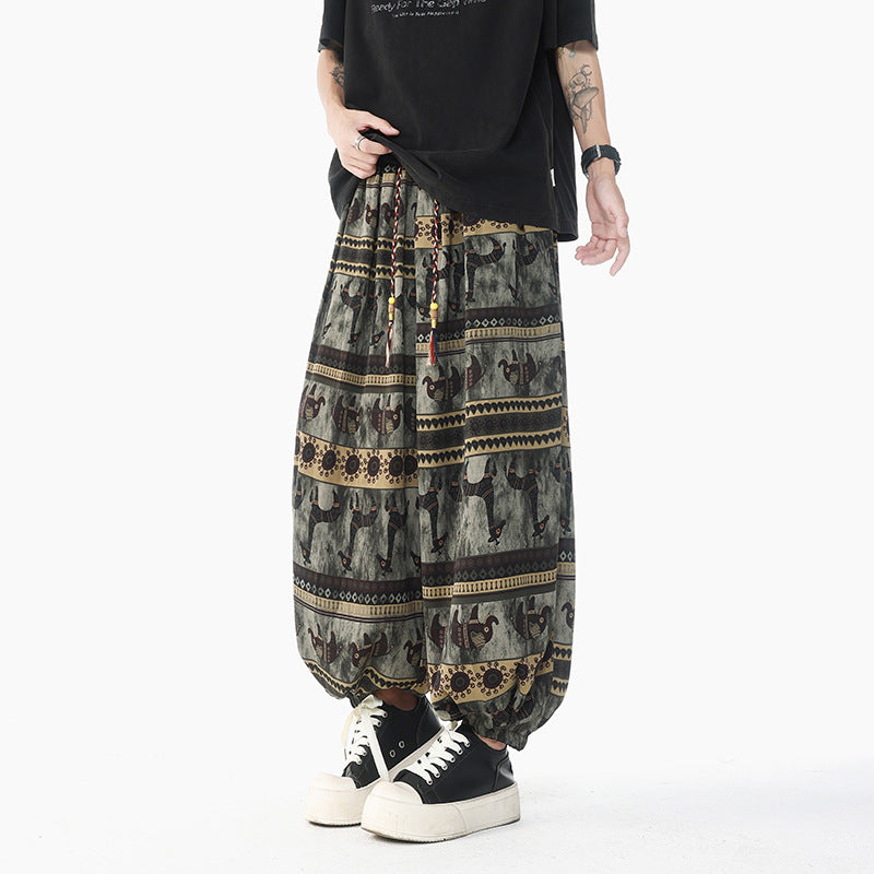 Damen Weite Boho-Haremshose aus Baumwollmix mit elastischem Bund und Ethno-Print Drune