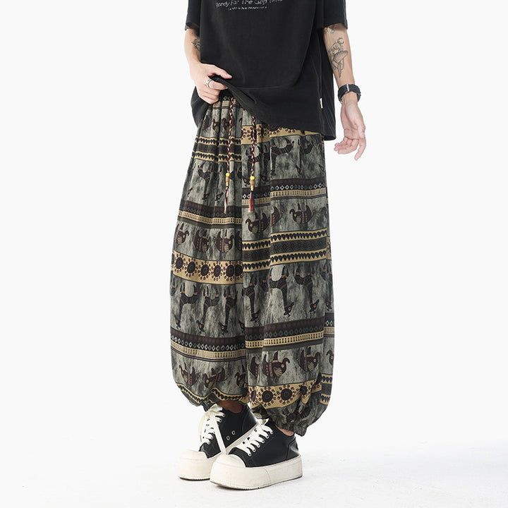 Damen Weite Boho-Haremshose aus Baumwollmix mit elastischem Bund und Ethno-Print Drune