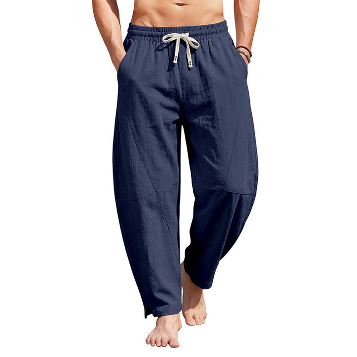 Herren knöchellange Freizeithose aus Leinenmix mit elastischem Kordelbund und seitlichen Schlitzen Drune