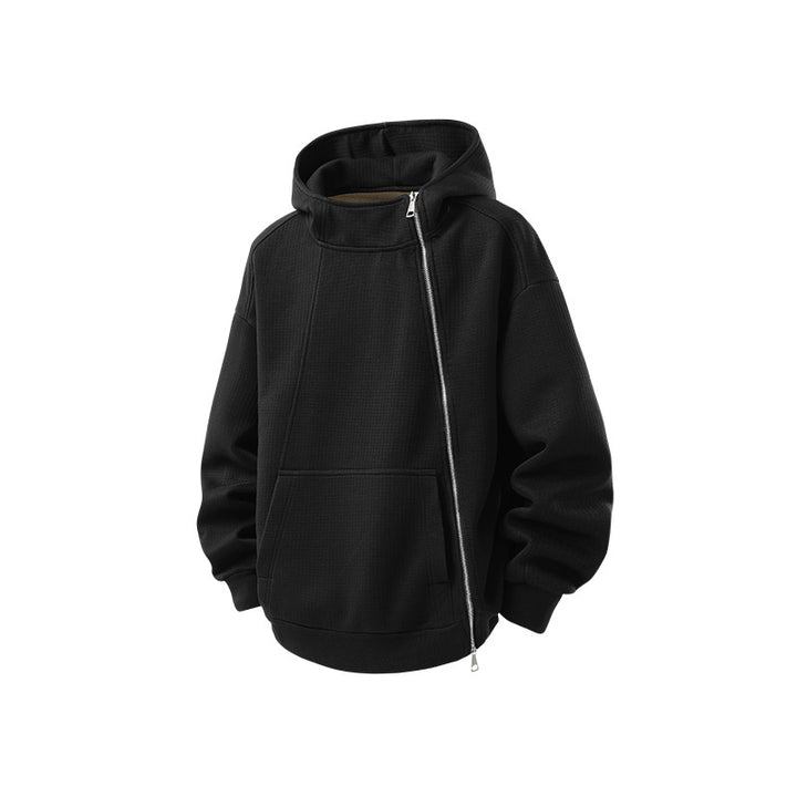 Unisex Asymmetrischer Kapuzenpullover mit hohem Kragen, diagonalem Reißverschluss und Kängurutasche Drune