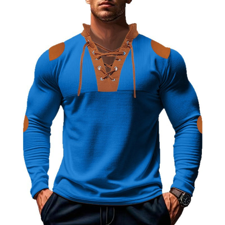Herren lässiges Langarm-Henley-Shirt mit ausgefallenem Schnürdesign und kontrastrierenden Ellenbogen-Patches Drune