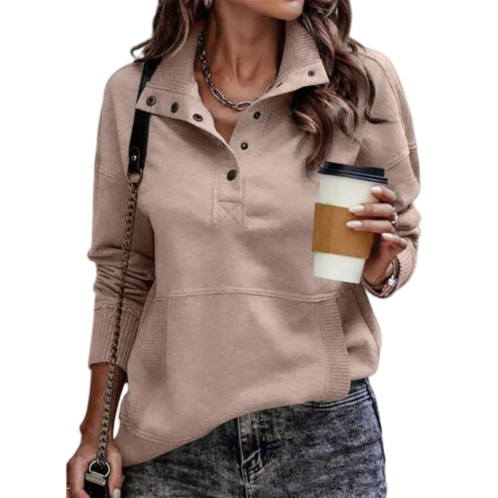 Damen Sweatpullover mit Stehkragen-Knopfleiste und Kängurutasche Drune