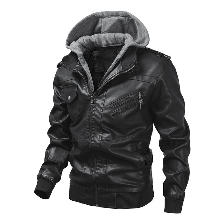 Herren Kunstlederjacke mit Kapuze Drune