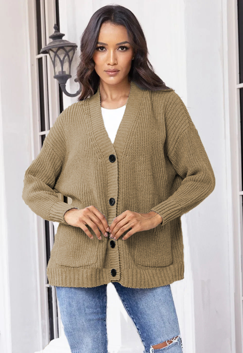 Damen modische Strickjacke mit durchgehendem Knopfverschluss und großen Taschen Drune