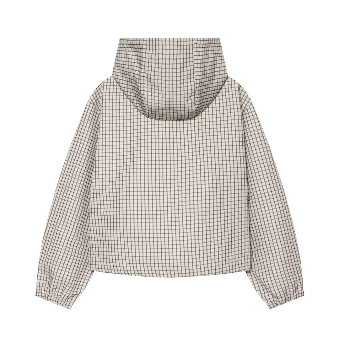Damen Karierter Cropped‑Windbreaker mit Kapuze, Tunnelzug und Reißverschluss Drune