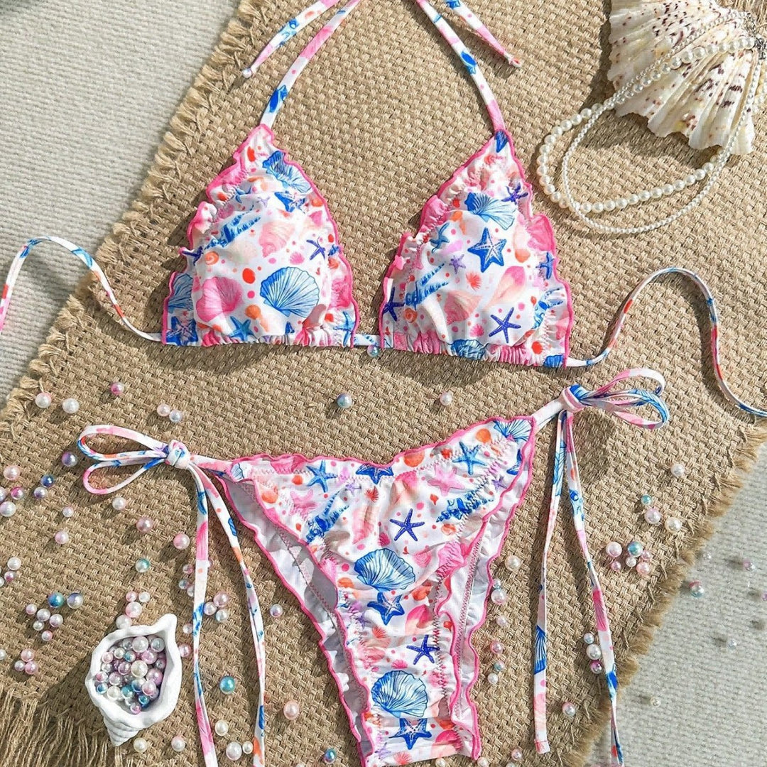 Damen fröhlicher Blumenmuster-Bikini mit Rüschen Drune