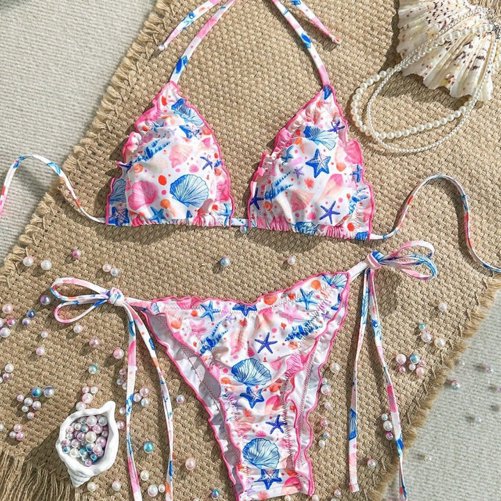 Damen fröhlicher Blumenmuster-Bikini mit Rüschen Drune