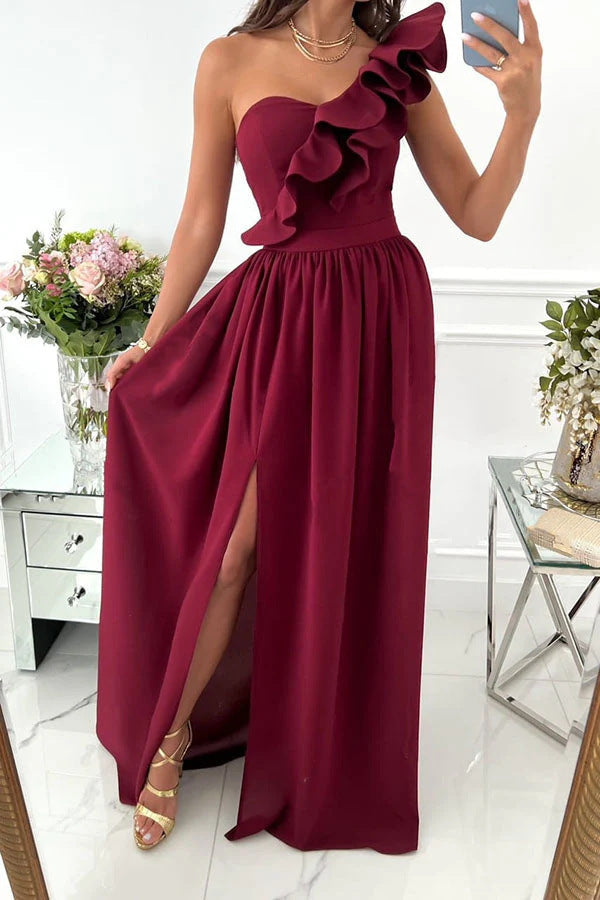 Damen Maxikleid mit asymmetrischem Schnitt und voluminösem Rüschendetail Drune