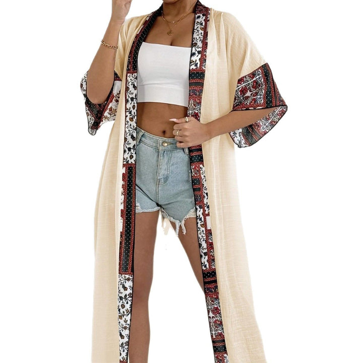 Damen eleganter, leichter Kaftan mit buntem Häkelbesatz Drune