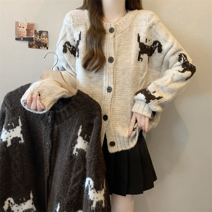 Damen Gemusterter Strickcardigan mit tierischem Motiv und bequemen Oversized-Schnitten Drune