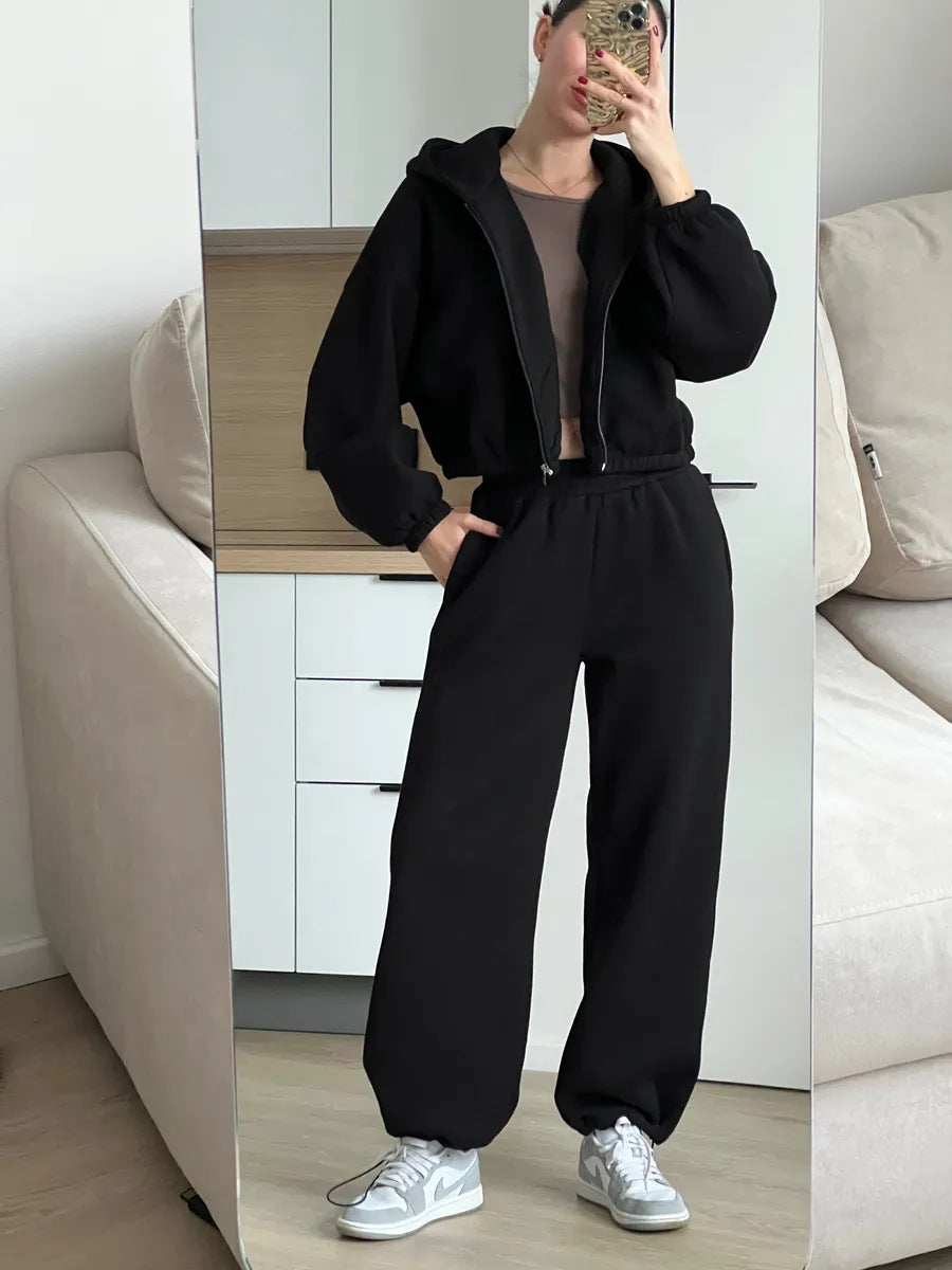 Damen Oversize Sweatset mit Reißverschluss Bomberjacke und Highwaist Jogginghose Drune