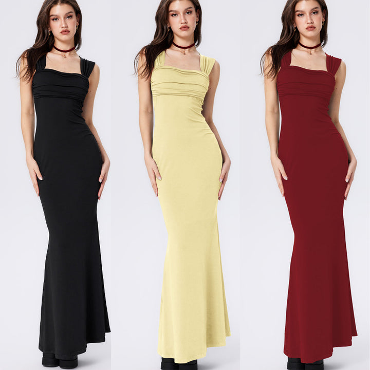 Damen figurbetontes Maxikleid mit gerafftem Oberteil und modernen Trägern Drune