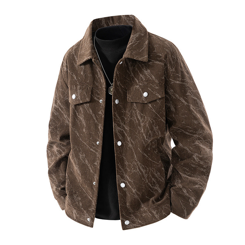 Men's  marbled corduroy snap-front collared trucker jacket with chest flap pockets Drune