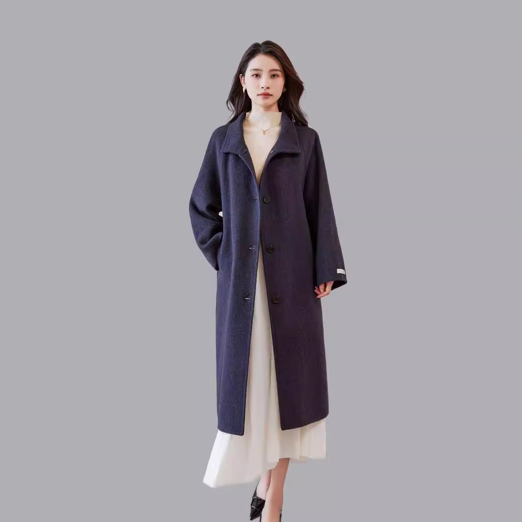 Damen Oversize Wollmantel mit Stehkragen und Taillengürtel Drune