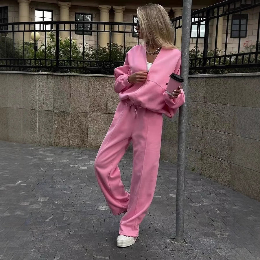 Damen Sportliches Fleece-Set mit kurzem Hoodie und weiter Hose Drune