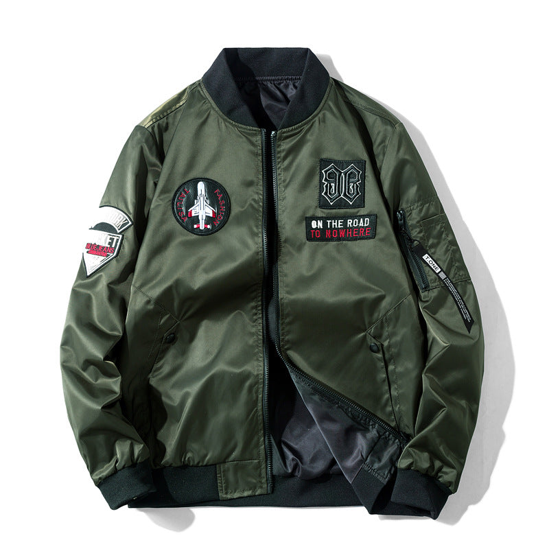 Men's  pilot-style embroidered patch utility bomber jacket with angled welt pockets and zip sleeve pocket Drune