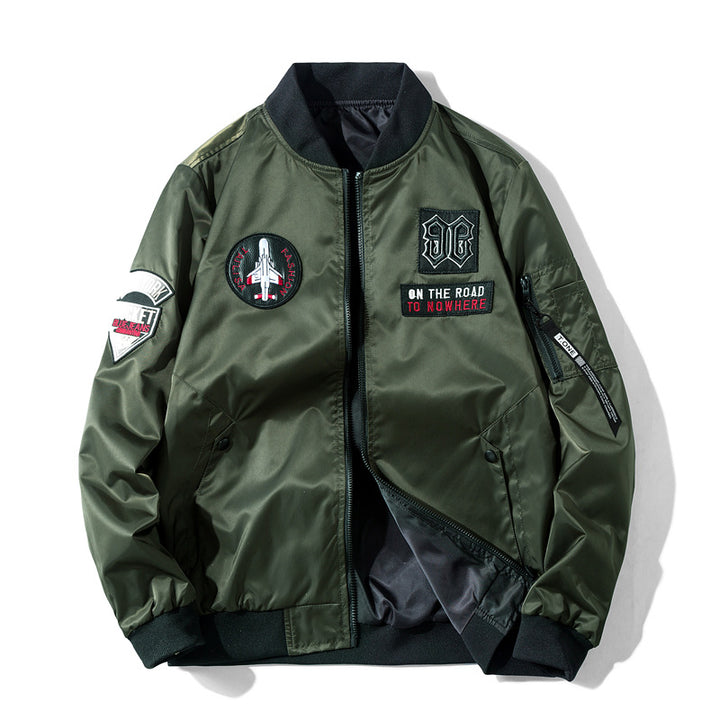 Men's  pilot-style embroidered patch utility bomber jacket with angled welt pockets and zip sleeve pocket Drune