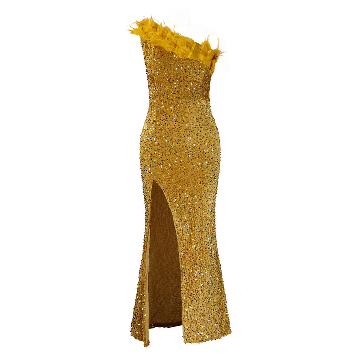 Damen Glitzerndes Abendkleid mit asymmetrischen Trägern und Pailletten Drune