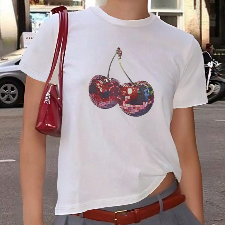 Damen T-Shirt mit kreativem Kirschmotiv und funkelndem Glitzereffekt Drune