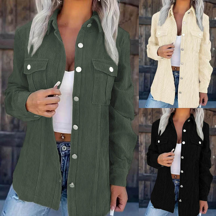 Damen Longline-Cordhemdjacke mit Brustklappen und Druckknopfleiste Drune