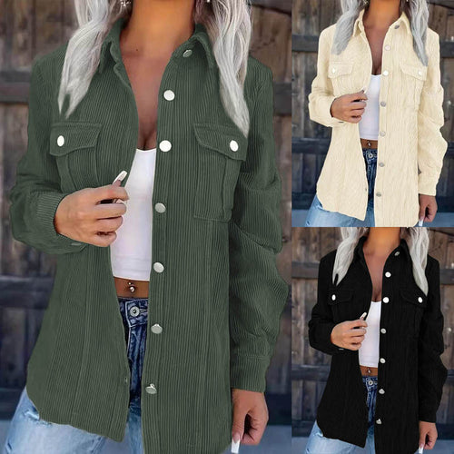 Damen Longline-Cordhemdjacke mit Brustklappen und Druckknopfleiste Drune