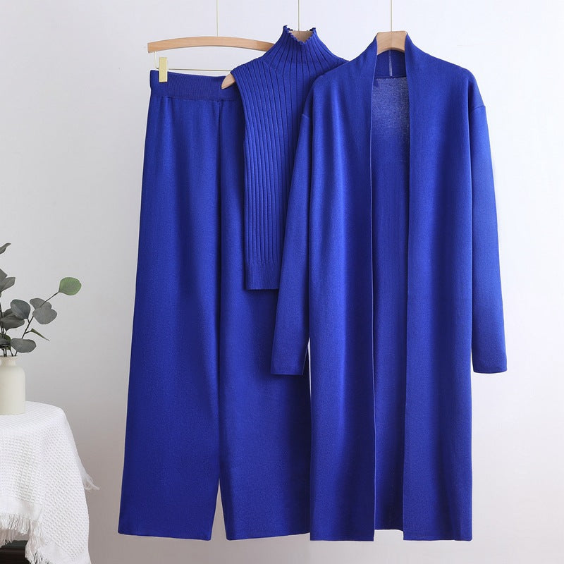 Damen gemütliches Strick-Loungewear-Set mit langem Cardigan und Rippenshirts Drune