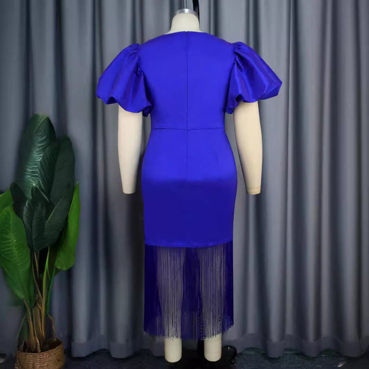 Damen figurbetontes Kleid mit voluminösen Puffärmeln und Fransen Drune