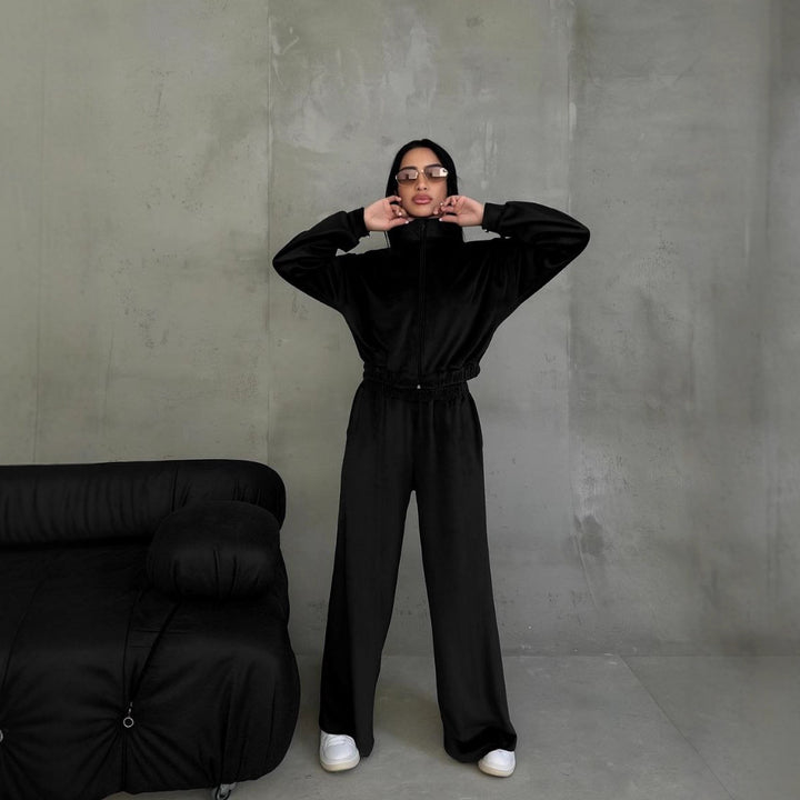 Damen Samt-Loungewear-Set mit kurzem Reißverschluss und geraffter Taillenpartie Drune