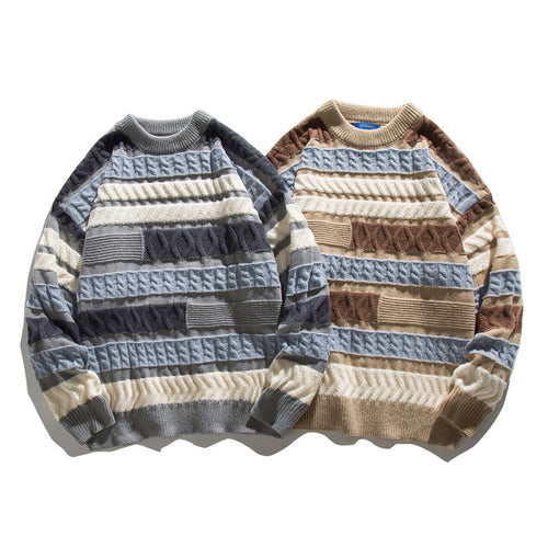 Unisex Oversize Grobstrickpullover mit strukturierter Blockstreifen-Optik und Rundhalsausschnitt Drune