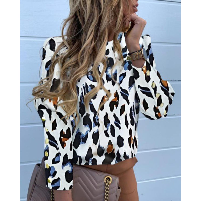 Damen Leichte Bluse mit Leopardenprint, Ballonärmeln und Zierknopfleiste Drune