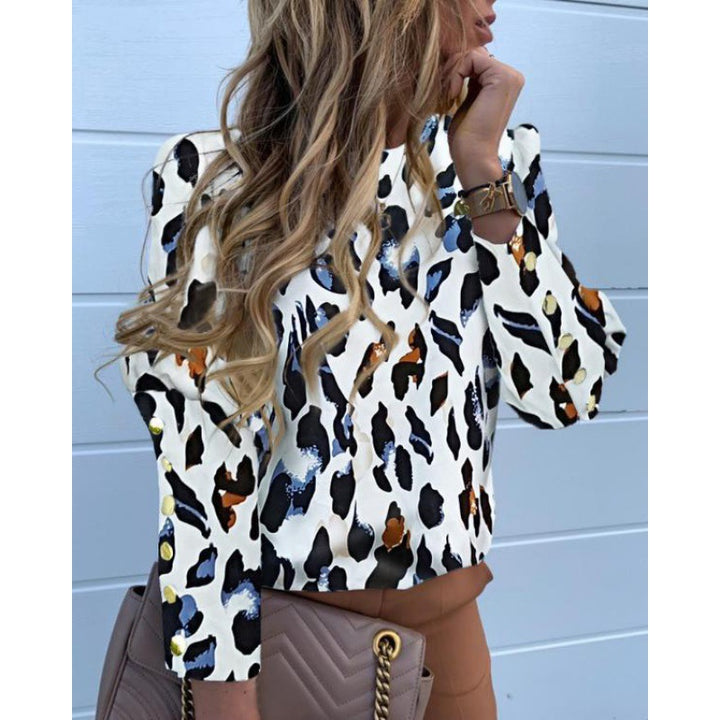 Damen Leichte Bluse mit Leopardenprint, Ballonärmeln und Zierknopfleiste Drune