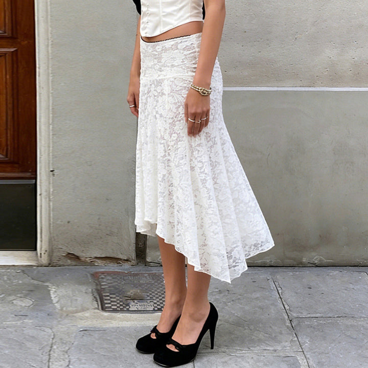 Damen Spitzenrock mit asymmetrischem Schnitt und floralen Details Drune