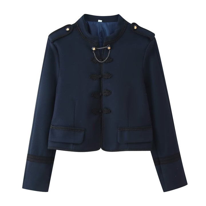 Damen Kurzjacke im Bouclé‑Look mit Mandarin‑Kragen, Kordelfroschverschluss und Zier‑Schulterklappen Drune