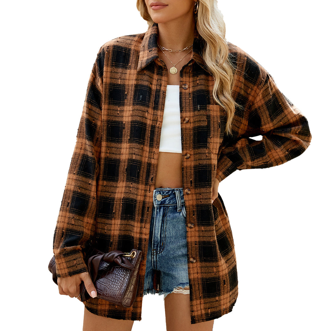 Damen Karierte Flanell-Hemdjacke mit lässigem Schnitt und Holzknopf-Details Drune
