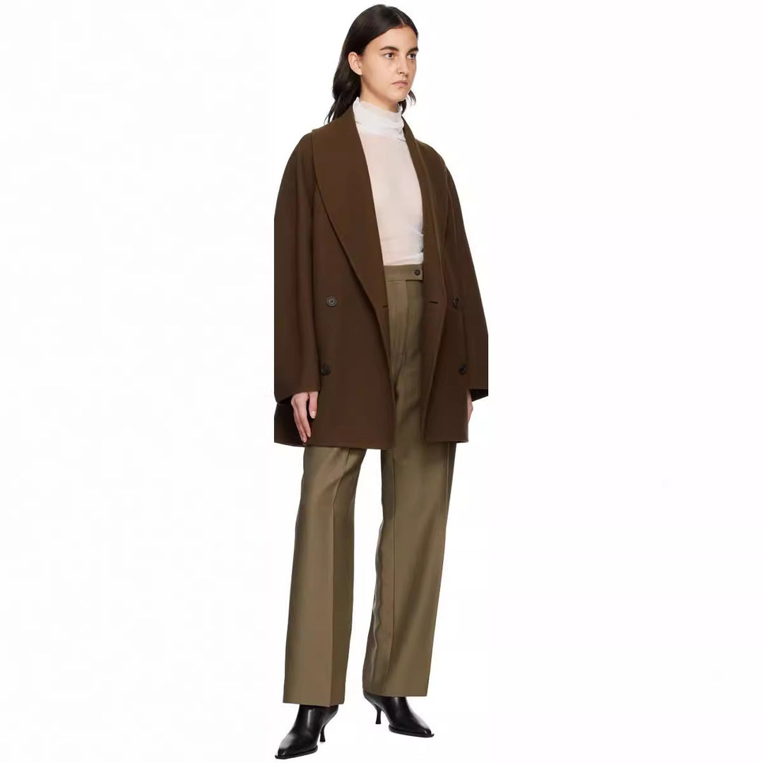 Damen Kurz geschnittener Oversize Doppelreihiger Wollmix‑Mantel mit Rundschalkragen Drune
