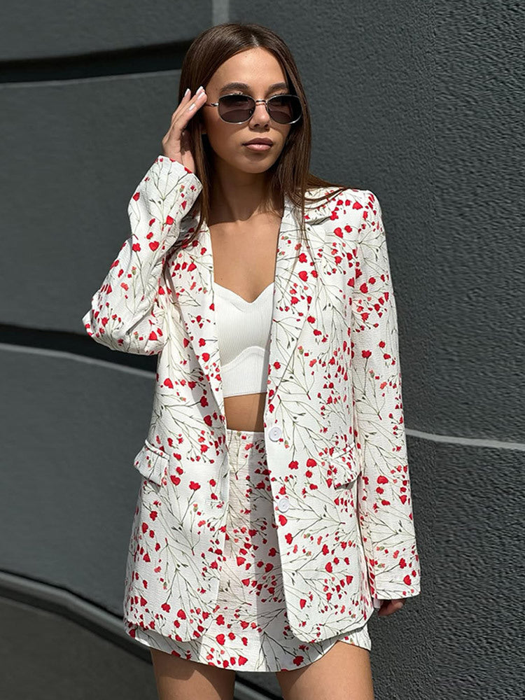 Damen Florales Blazer- und Minirock-Set aus strukturierter Baumwollmischung Drune