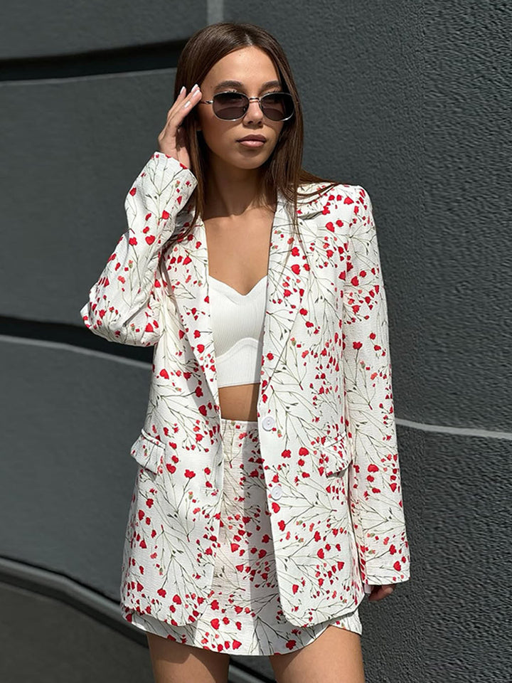 Damen Florales Blazer- und Minirock-Set aus strukturierter Baumwollmischung Drune