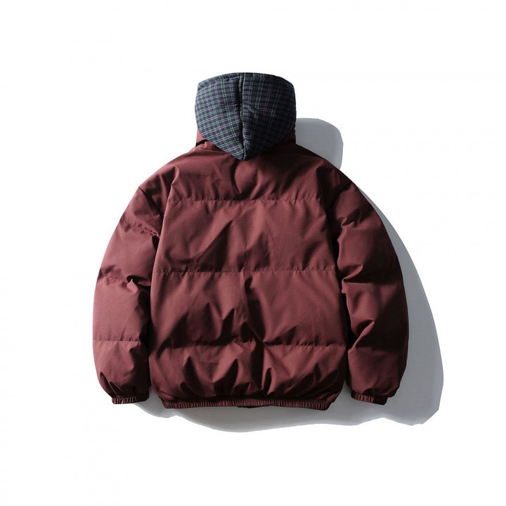 Unisex Wattierte Pufferjacke im kastigen Schnitt mit karierter Einsatzkapuze und hohem Stehkragen Drune