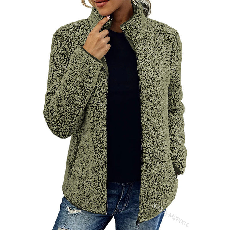 Damen flauschige Fleecejacke mit hohem Kragen und seitlichen Taschen Drune