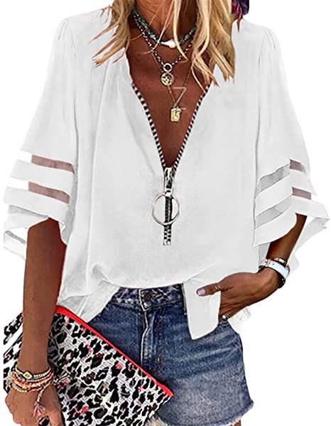 Damen V‑Ausschnitt Bluse mit dekorativem Ringreißverschluss und Cut-Out-Ärmeln Drune