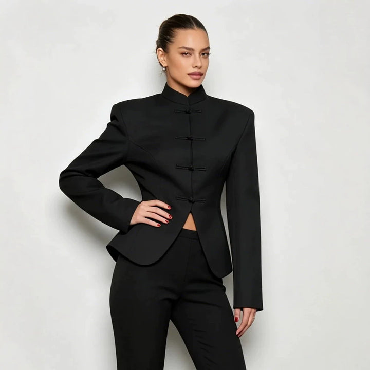 Damen Sculpted‑Blazer mit Stehkragen, dekorativen Knotenverschlüssen und taillierter Silhouette Drune