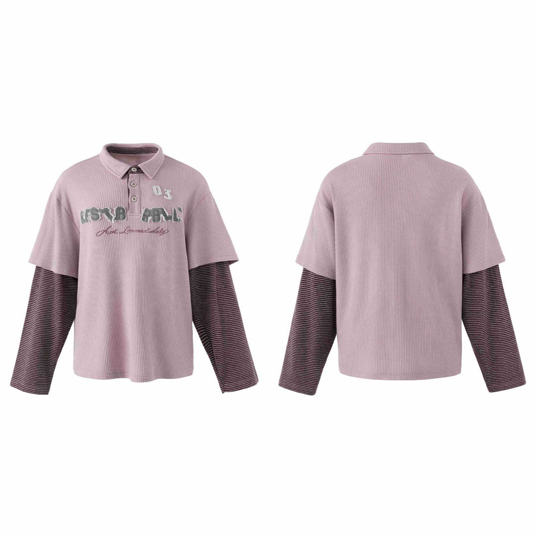 Damen Lässiges Layered-Polo-Shirt mit Rippenstruktur und gestreiften Einsatzärmeln Drune