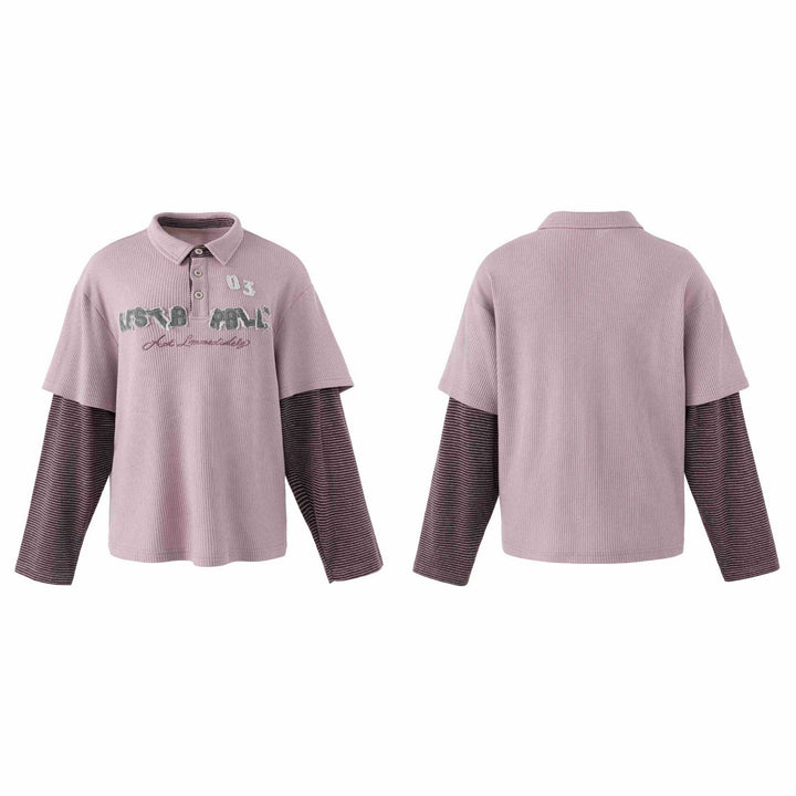 Damen Lässiges Layered-Polo-Shirt mit Rippenstruktur und gestreiften Einsatzärmeln Drune