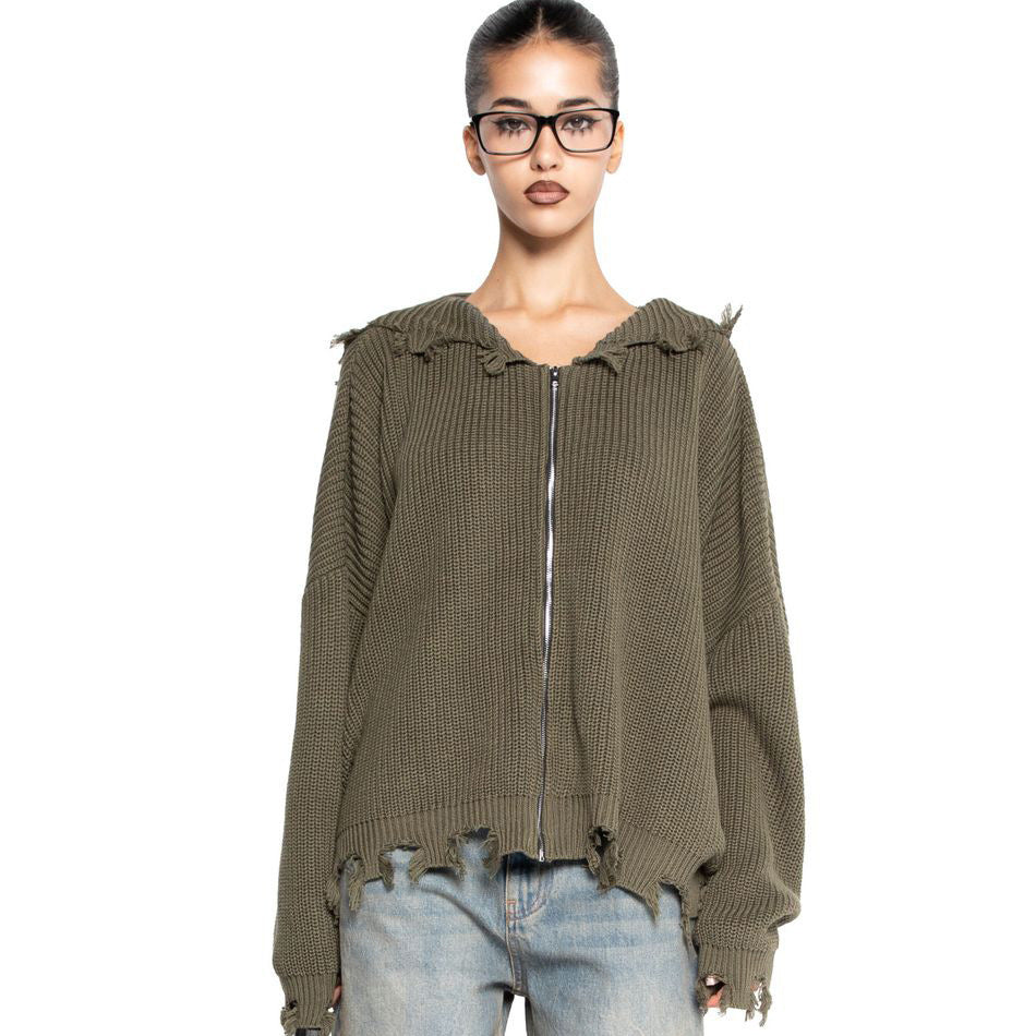 Damen lässiger Kapuzenpullover mit modischem Riss-Design und weit geschnittenen Ärmeln Drune