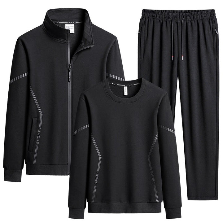 Herren Dreiteiliges Performance-Trainingsset mit Stehkragen-Zipjacke, Rundhals-Sweater & tapered Jogginghose Drune